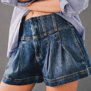 Pilcro Pleated High-Waist Denim Shorts - Blue